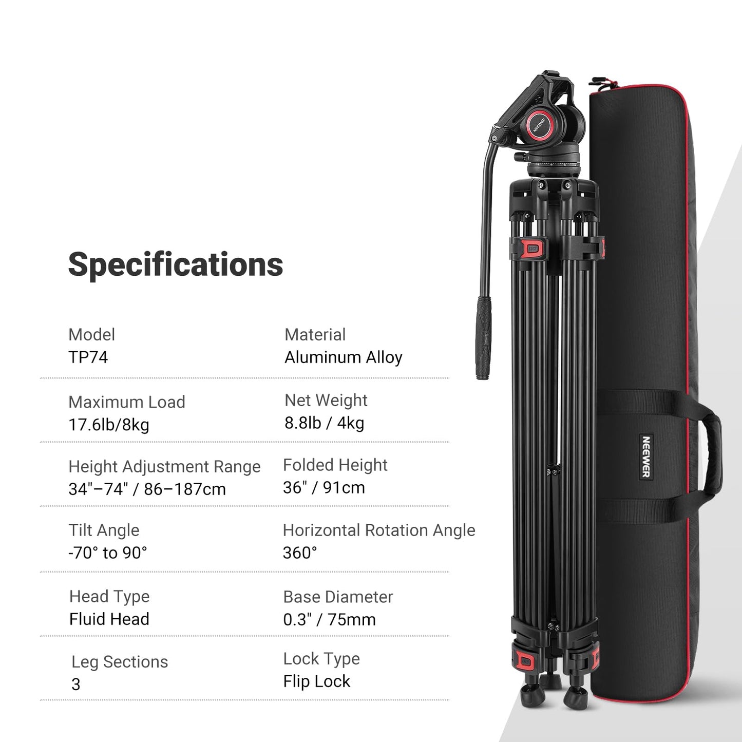NEEWER 74" Video Tripod with Fluid Head, QR Plate , Aluminum Heavy Duty Camera Tripod Professional for DSLR Cameras Camcorders, Max Load 17.6lb/8kg, TP74