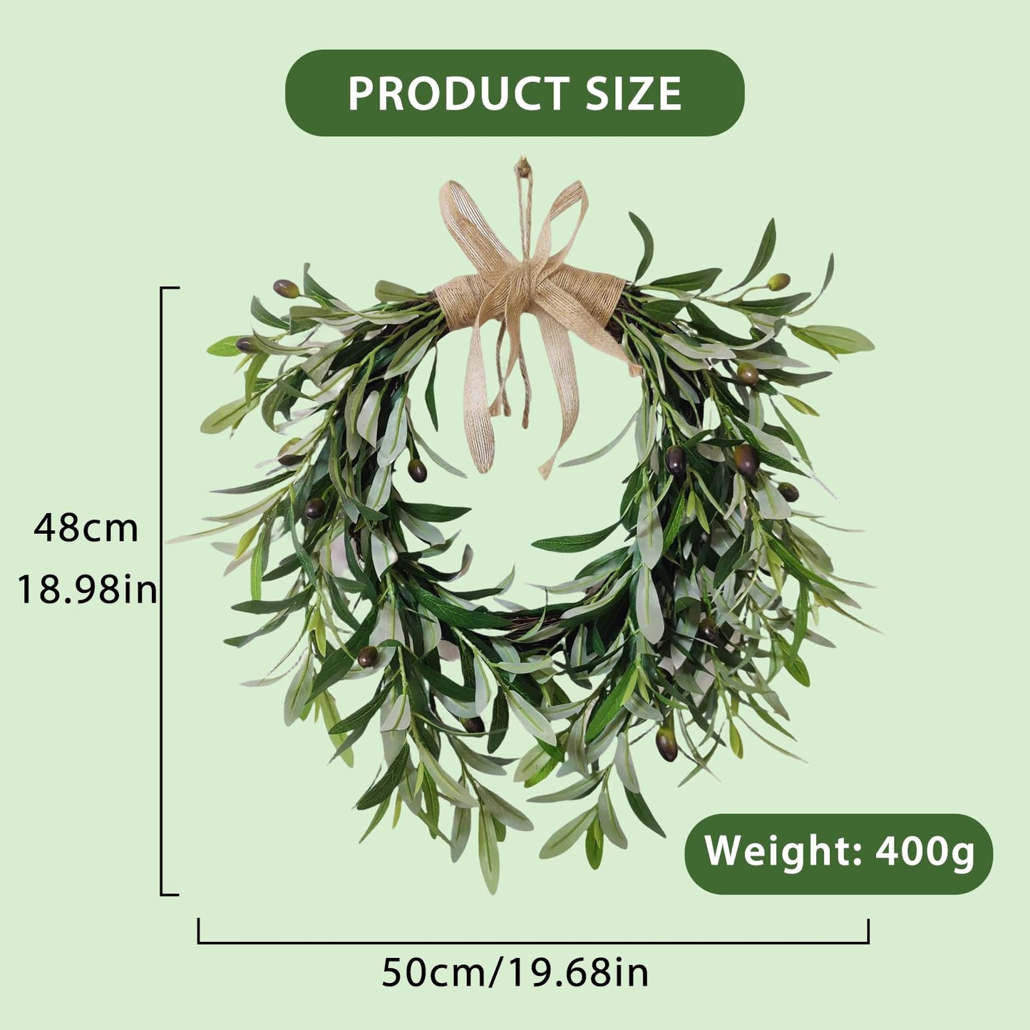 Artificial Olive Garland with Greenery Leaves – Faux Olive Wreath for Front Door, Farmhouse Wall Decor, Hanging Green Wreath for Window or Wedding Decoration (B)