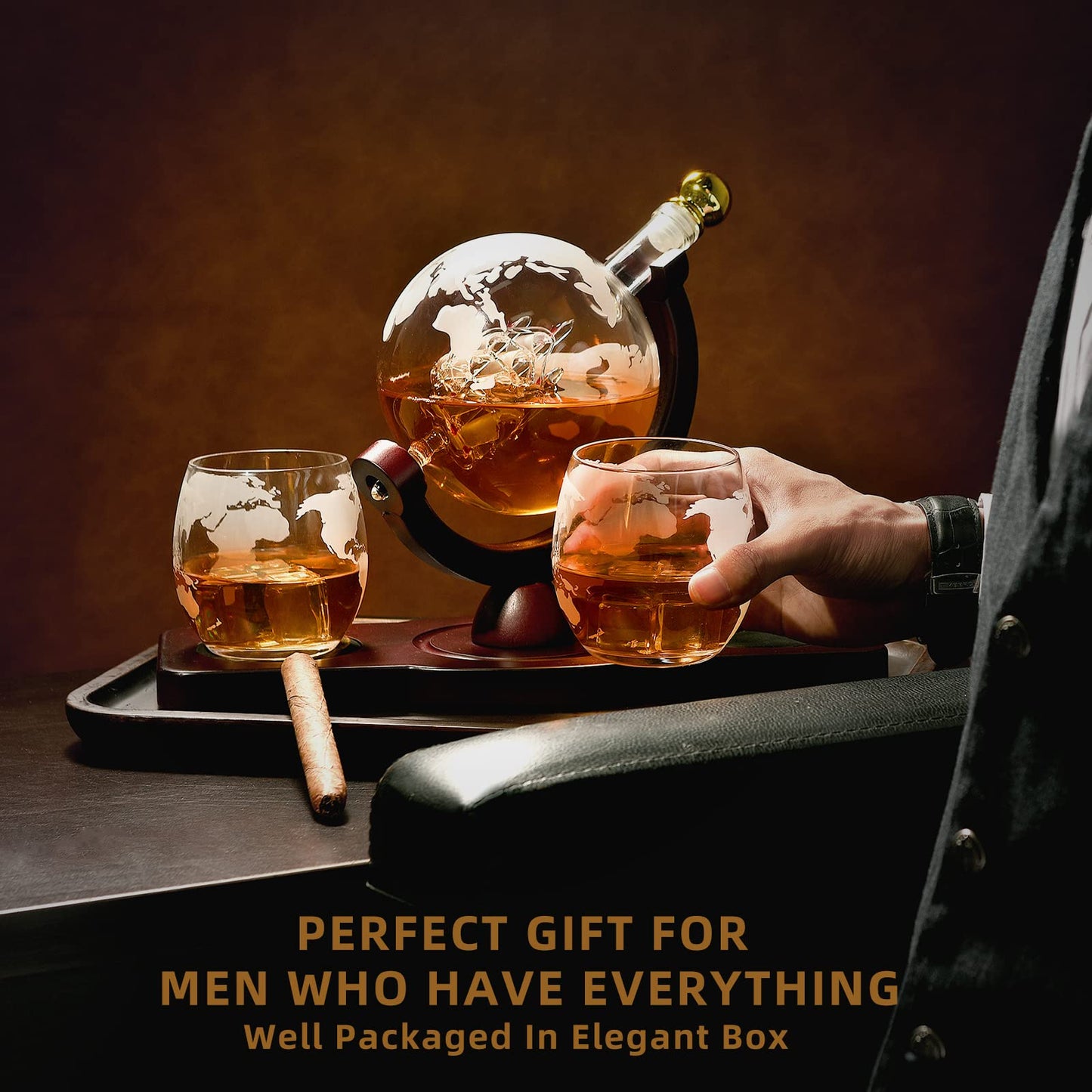Gifts for Men Dad Husband from Wife Daughter Son, Unique Anniversary Birthday Gifts for Him, Whiskey Decanter Globe Set with 2 Glasses, Bourbon Scotch Liquor Cool Stuff Mancave Presents