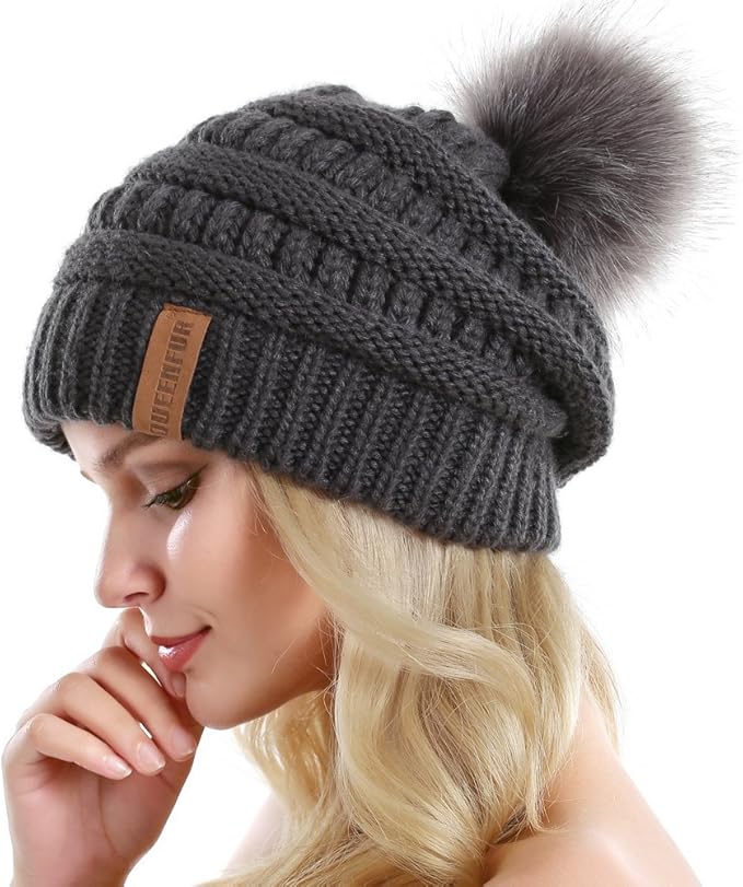 QUEENFUR Women Knit Slouchy Beanie Chunky Baggy Hat with Faux Fur Pompom Winter Soft Warm Ski Cap