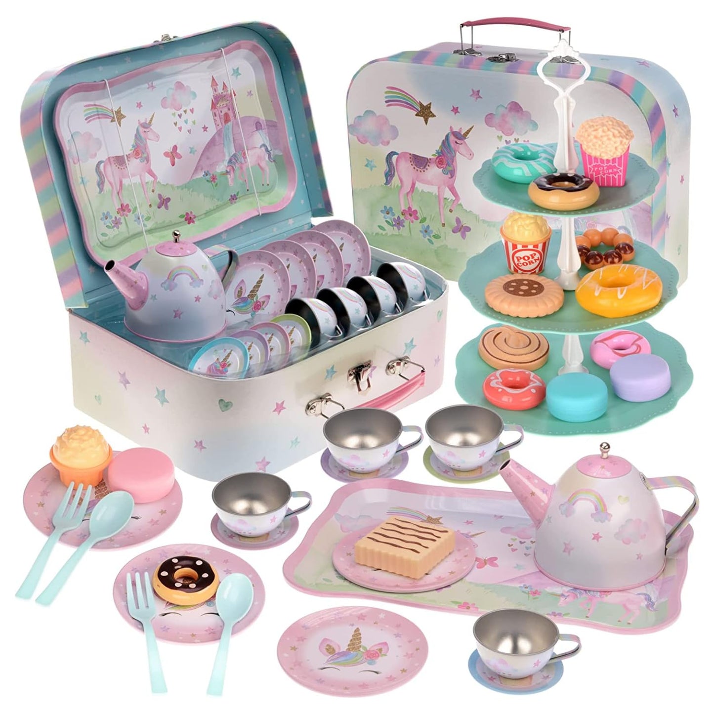 Jewelkeeper 42 Piece Tea Party Set for Little Girls Gift Pretend Kids Toy Tin Tea Set + Food & Carrying Case - Party Unicorn Design, Tea Set Kids, Toy Tea Set, Tea Set for Girls, Tea Party Set Tin