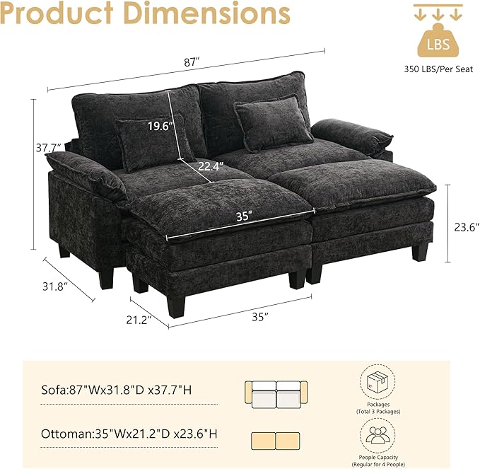 URRED Cloud Couch Modular Sectional Sofa, 87" Modern Loveseat Sofa with 2 Ottomans & Pillows, Ultra Comfy Chenille Couches for Living Room, Bedroom or Apartment, Black