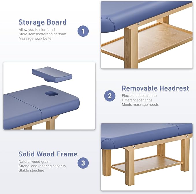 28in Wide Massage Table with 1500lbs Weight Capacity, Wooden Base, Massage Bed Adjustable Backrest for Professional & Home Use, Spa Treatment Table for Relaxation and Therapy，Blue