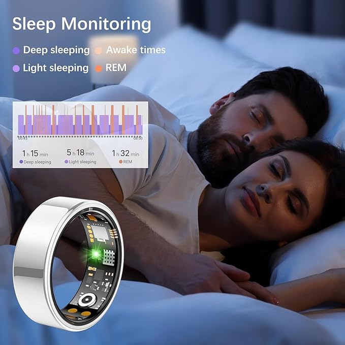 Smart Health Ring for Women Men, Fitness Tracker Ring with Heart Rate, Blood Oxygen, Sleep Tracker, Step Tracker, No Subscription Fee, IP68 Waterproof Smart Ring for iPhone & Android (Silver, 6#)