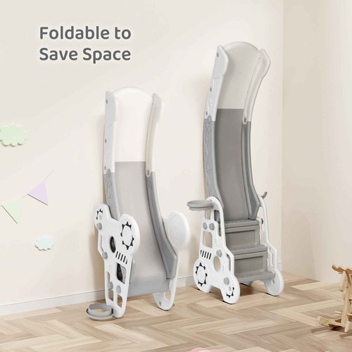 DUKE BABY 3-in-1 Car Shape Kids Slide: A Fantastic Toddler Toy with Basketball Hoop, and Slide. for Ages 3+ with Spacious Buffer Area. -White.