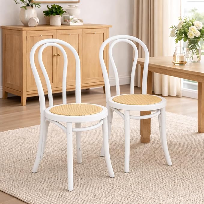 DM Furniture Rattan Dining Chairs Set of 2 Mid-Century French Bistro Chairs Solid Bentwood Wedding/Cafe Chairs with Backrest for Dining/Kitchen Room No Assembly Required, Home, White