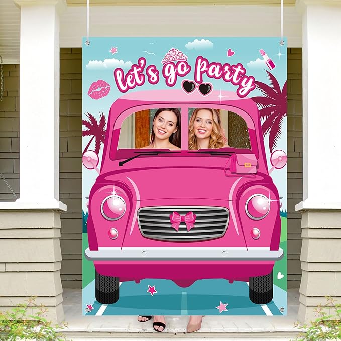 Blossom Sound Let's Go Party Photo Props - Pink Doll Photo Booth Props, Banner & Frame for Princess Birthday & Bachelorett...