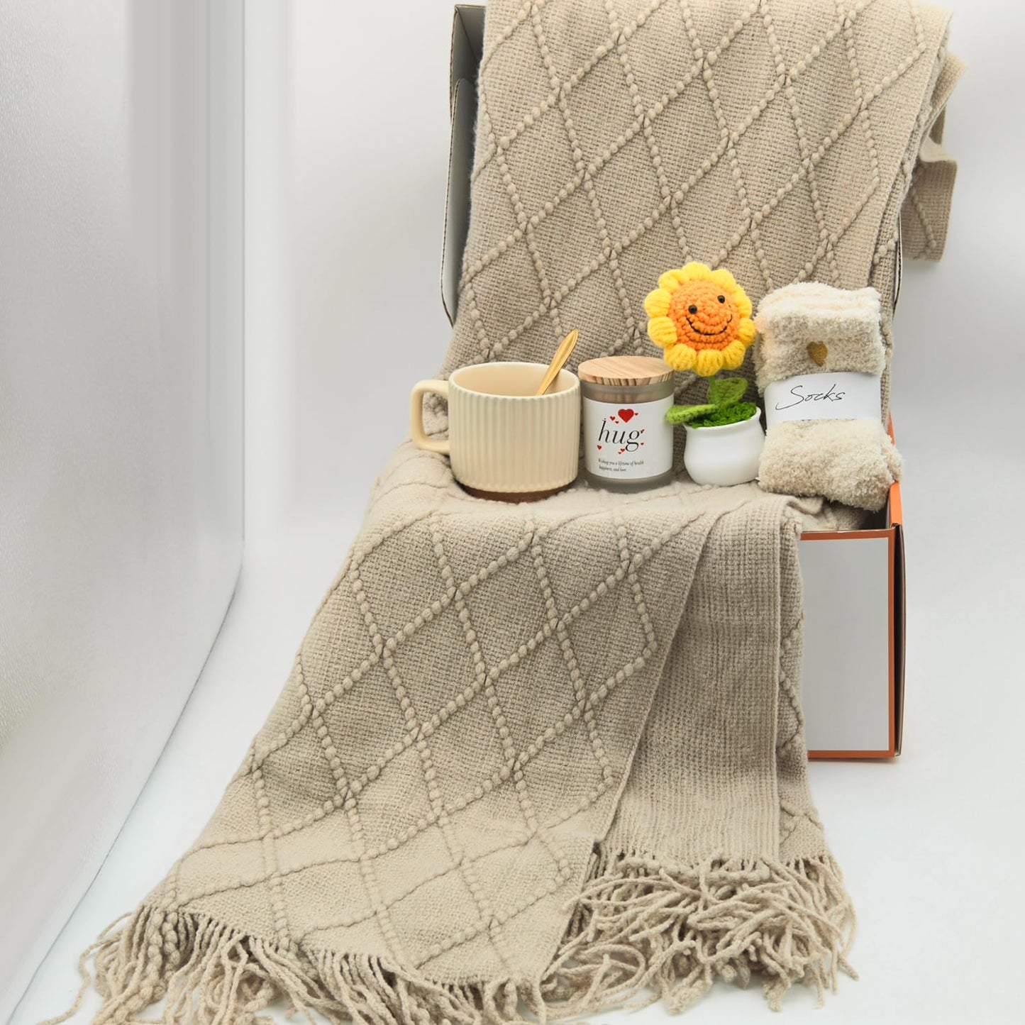 wangpengkai Birthday Gift Box for Women, 8 Pcs Get Well Soon Gifts Basket After Surgery, Sympathy Self Mother's Day Care Package, Cozy Off White Hug Blankets Gift for Sick Friends- Khaki