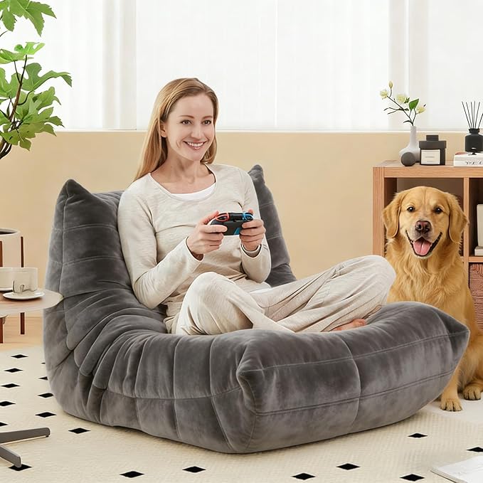 Bean Bag Chairs for Adults - Comfy High-Density Foam Fireside Chair, Adult Size, Soft Dutch Velvet Cover Beanbag Couch, Versatile for Living Room, Bedroom, Dorm, Reading & Gaming (Grey)