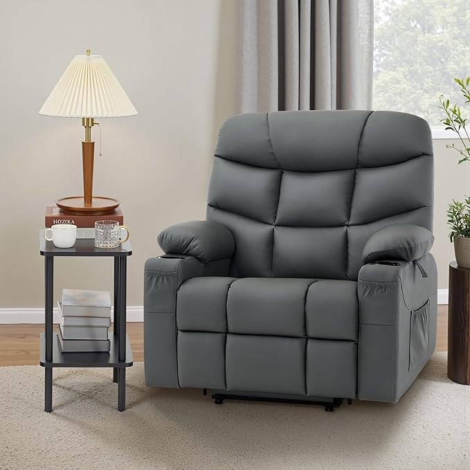 MCombo Oversized Power Lift Recliner Chair with Extended Footrest, Extra Wide 27.2" for Big and Tall Elderly People, Faux Leather R7289 (Dark Grey, Medium-Oversize)