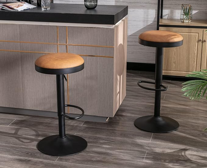 EALSON Modern Swivel Bar Stools Set of 3 Adjustable Counter Height Backless Barstools with Metal Base Leather Upholstered Round Bar Stool Chairs for Kitchen Island/Pub/Breakfast Bar, Brown