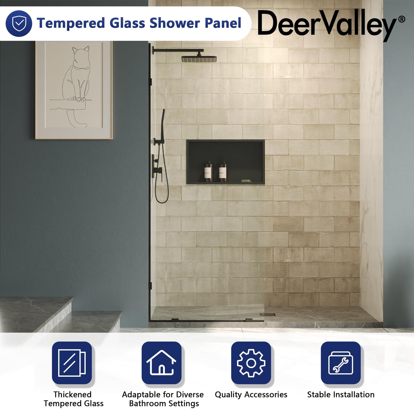 DeerValley 32"×78" Fixed Glass Shower Panel, 3/8'' (10mm) Thick Shower Glass Panel, Frameless Tempered Glass Door, Bathroom Shower Screen with Hardware (Matte Black)