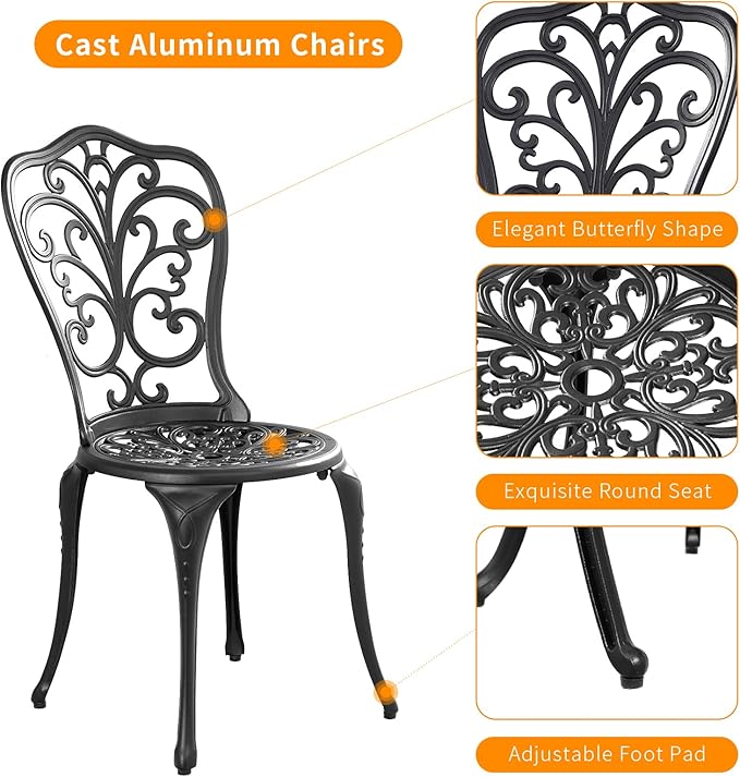 Withniture 3 Pieces Bistro Sets Cast Aluminum Outdoor Bistro Set, Patio Bistro Sets with Umbrella Hole, Weather Resistant Bistro Table and Chairs Set of 2 for Porch (Black, Butterfly)