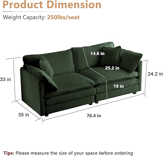 mikibama Luxury Loveseat Sofa Couch, 76" Modern Chenille Deep 2-Seat Cloud Couch with 2 Armrest Pillows & 2 Toss Pillows, Love Seat for Living Room Bedroom Office Apartment, Evergreen