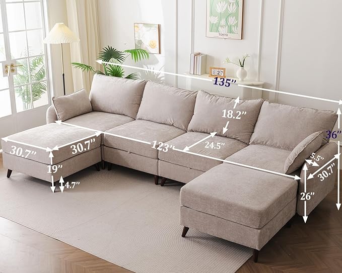 Rexulqo 135'' Modular Sectional Sofa with All Seats Storage, Oversized U Shaped Couch for Living Room,4-Seater Comfy Cloud Couch with Movable Ottoman,Big Sectional for Bedroom,Velet,Khaki