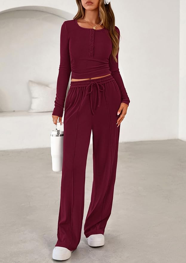 PRETTYGARDEN Women's 2026 Fall Trendy 2 Piece Outfits Lounge Sets Long Sleeve Top Henley Shirts Wide Leg Pants Travel Clothes