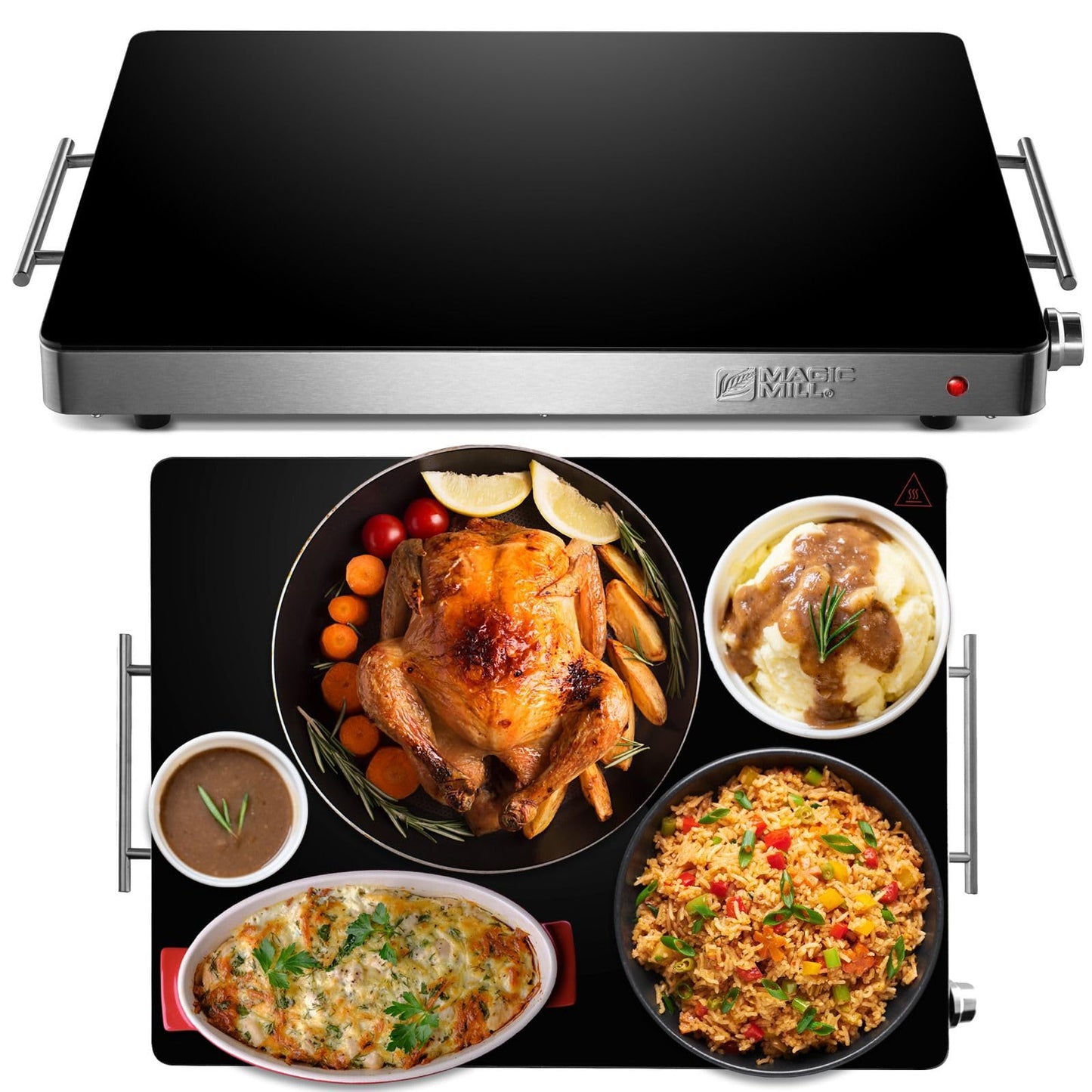 Magic Mill Premium-Grade Glass Food Warmer for Parties Buffet, XL Stainless Steel Modern Electric Warming Tray, Adjustable Temperature Control, Advanced Precision-Engineered Heating System Size-21x16