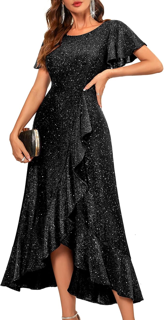 BeryLove Women Sequin Formal Party Dress Flutter Short Sleeve Wedding Cocktail Long Evening Dress