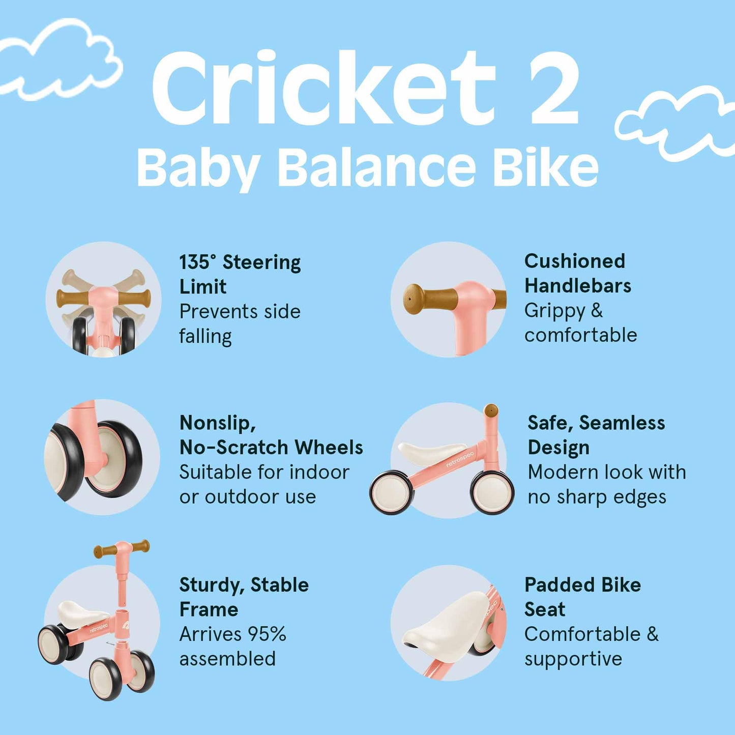 Retrospec Cricket Baby Walker Balance Bike with 4 Wheels for Ages 12-24 Months - Toddler Bicycle Toy for 1 Year Old’s - Ride On Toys for Boys & Girls