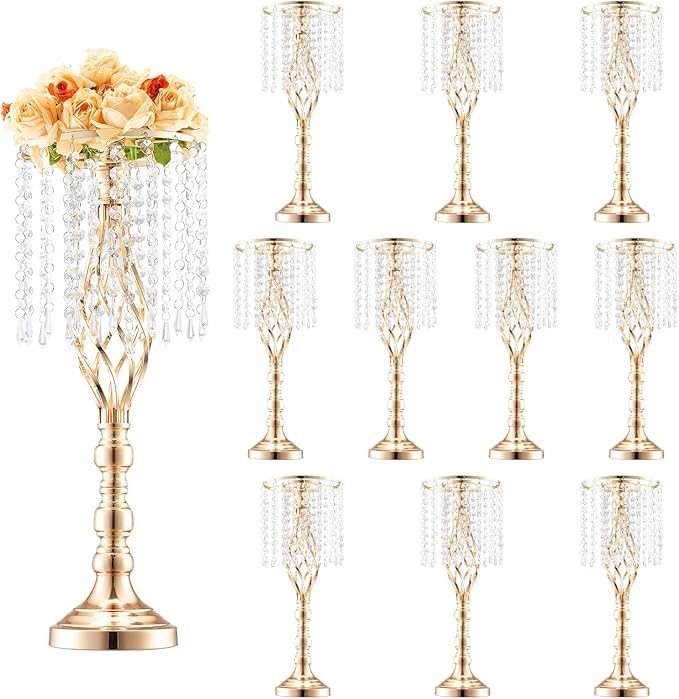VEVOR 10PCS 55cm/21.65” Tall Crystal Wedding Flower Stand, Metal Wedding Centerpiece Vase, Gold Flower Holders Floral Disp...
