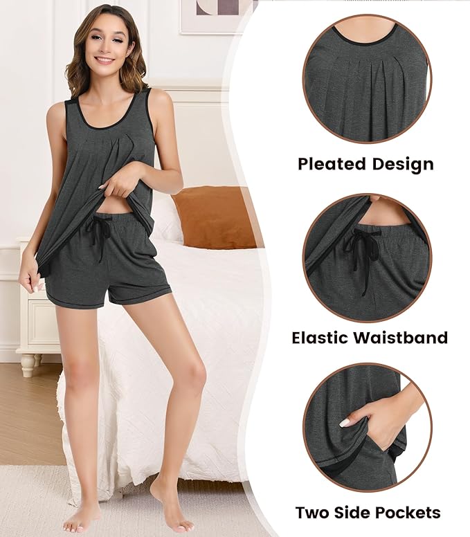 NACHILA Pajamas for Women-Viscose from Bamboo, Ribbed Racerback Tank Top Sexy Split Shorts Pajama Sets Cooling Sleep Cami Pjs