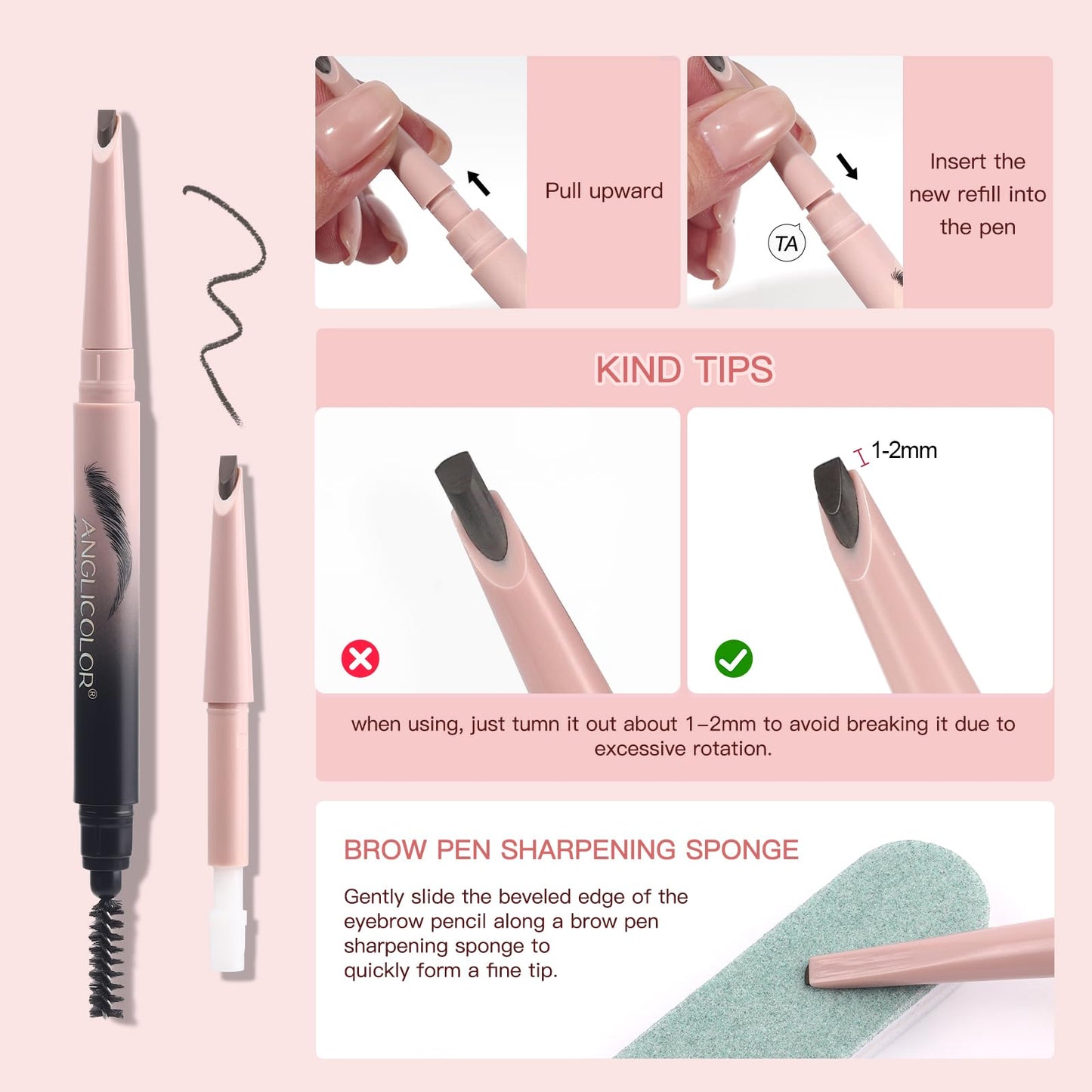 Microblading Eyebrow Pencil Kit-Angled Square Tip Liquid Eyebrow Pencil,Shaping and Filling Brow Definer Pen with Brush & Refill