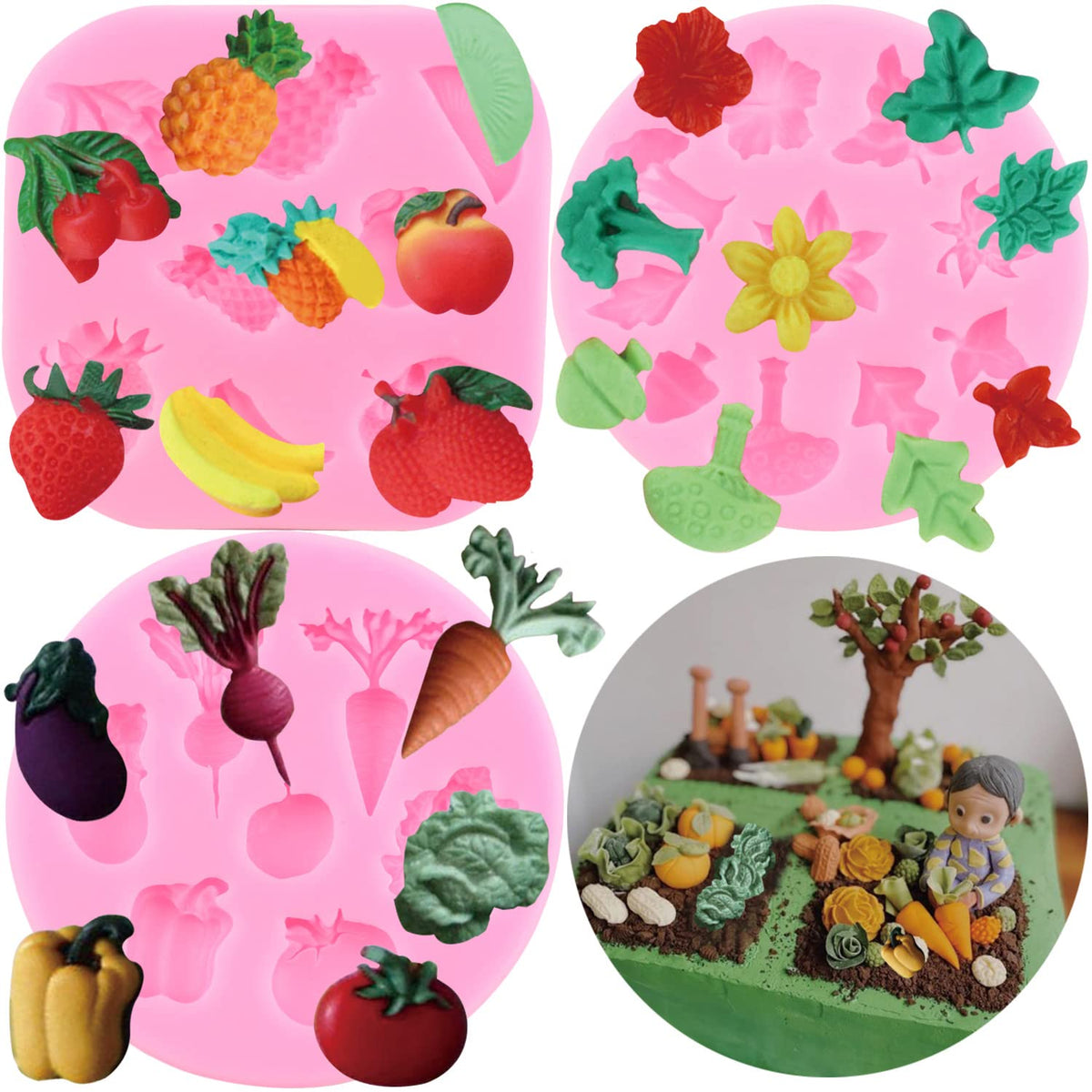 Mujiang Fruit Vegetable Silicone Molds Leaf Fondant Mold For Cake Cupcake Topper Decoration Chocolate Candy Clay Gum Paste Set Of 3
