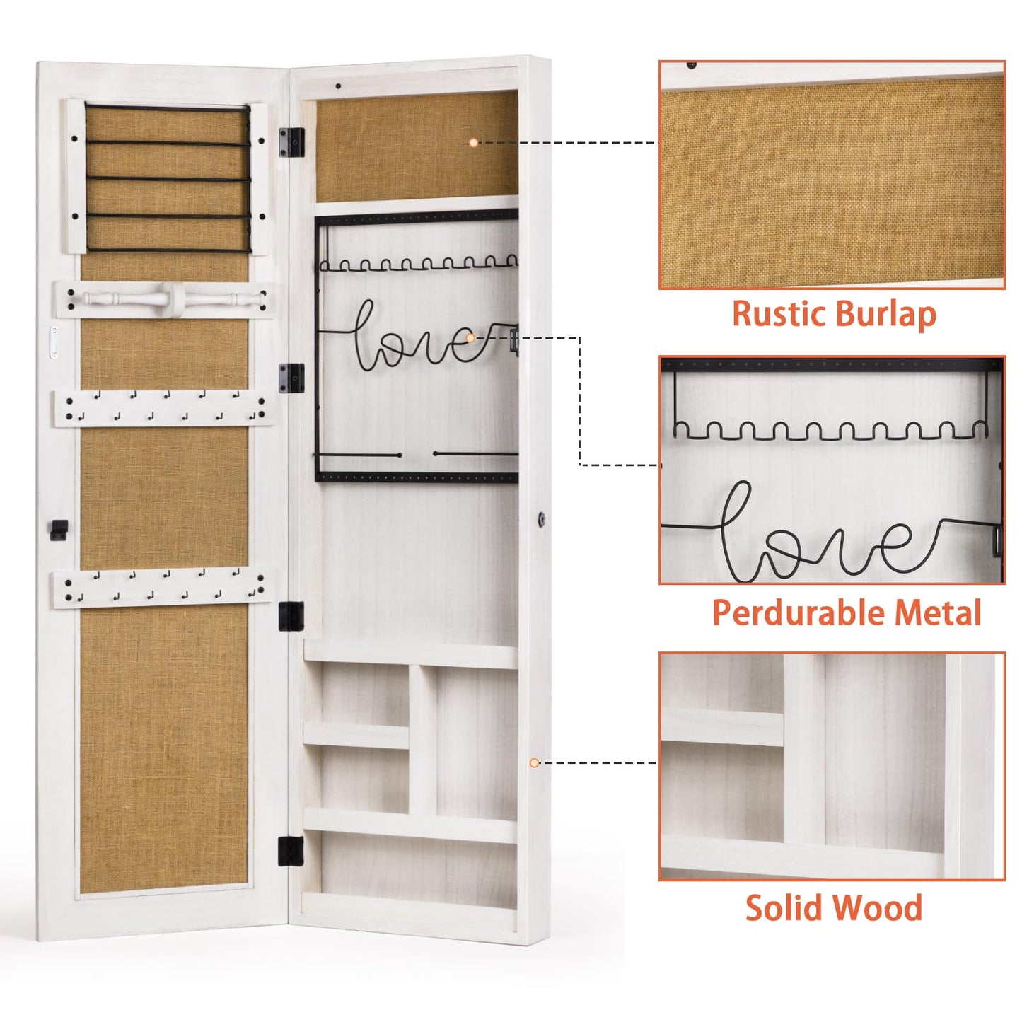 SRIWATANA Jewelry Armoire Cabinet, Solid Wood Jewelry Organizer with Full Length Mirror Wall/Door Mounted(Washed White)