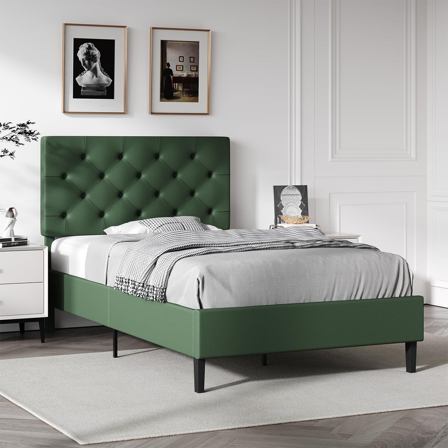 REVOMINCA Upholstered Twin Bed Frame with Headboard, Green Bed Frame Twin, Platform Bed with Button Tufted Desigh, No Box Spring Required, Easy Assembly, Green