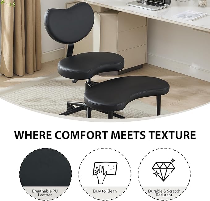 Cross Legged Office Chair with Wheels–360°Swivel Meditation Chair, Adjustable Height Yoga Office Chair for Adults, Ergonomic Kneeling Chair with Back Support for ADHD, PU Leather, Black