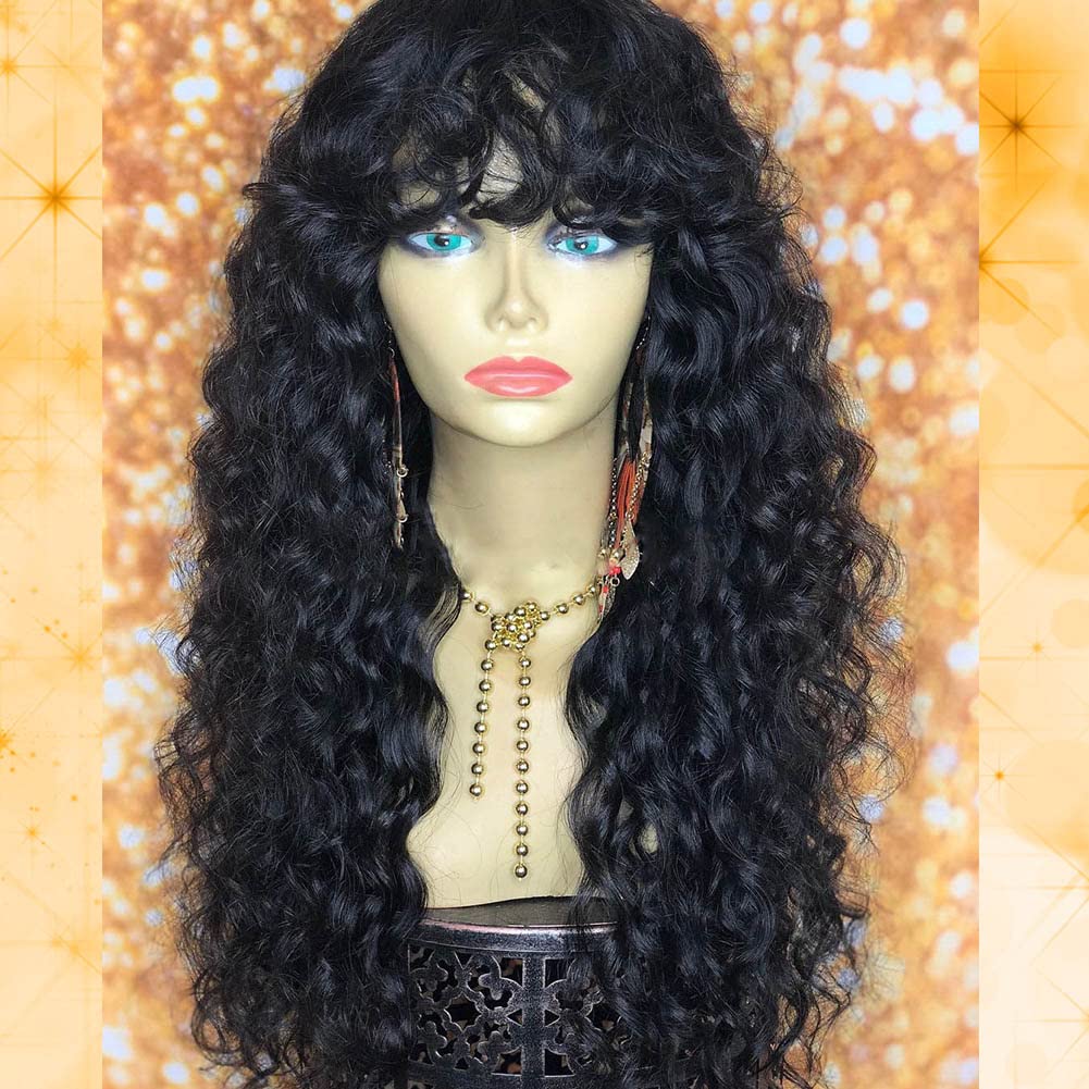 Curly Wig With Bangs Human Hair Brazilian Virgin Hair Wigs 180 Density Full Machine Made O Scalp Top Bang Wig Glueless Deep Wave