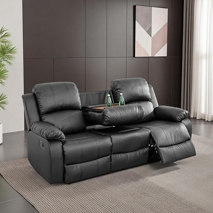 JBXBER Manual Recliner Sofa Set for Living Room, Leather Reclining Sofa Sets, Faux Leather Couch Set with Cup Holders, Drop-Down Table and Storage Console(Sofa,Black)