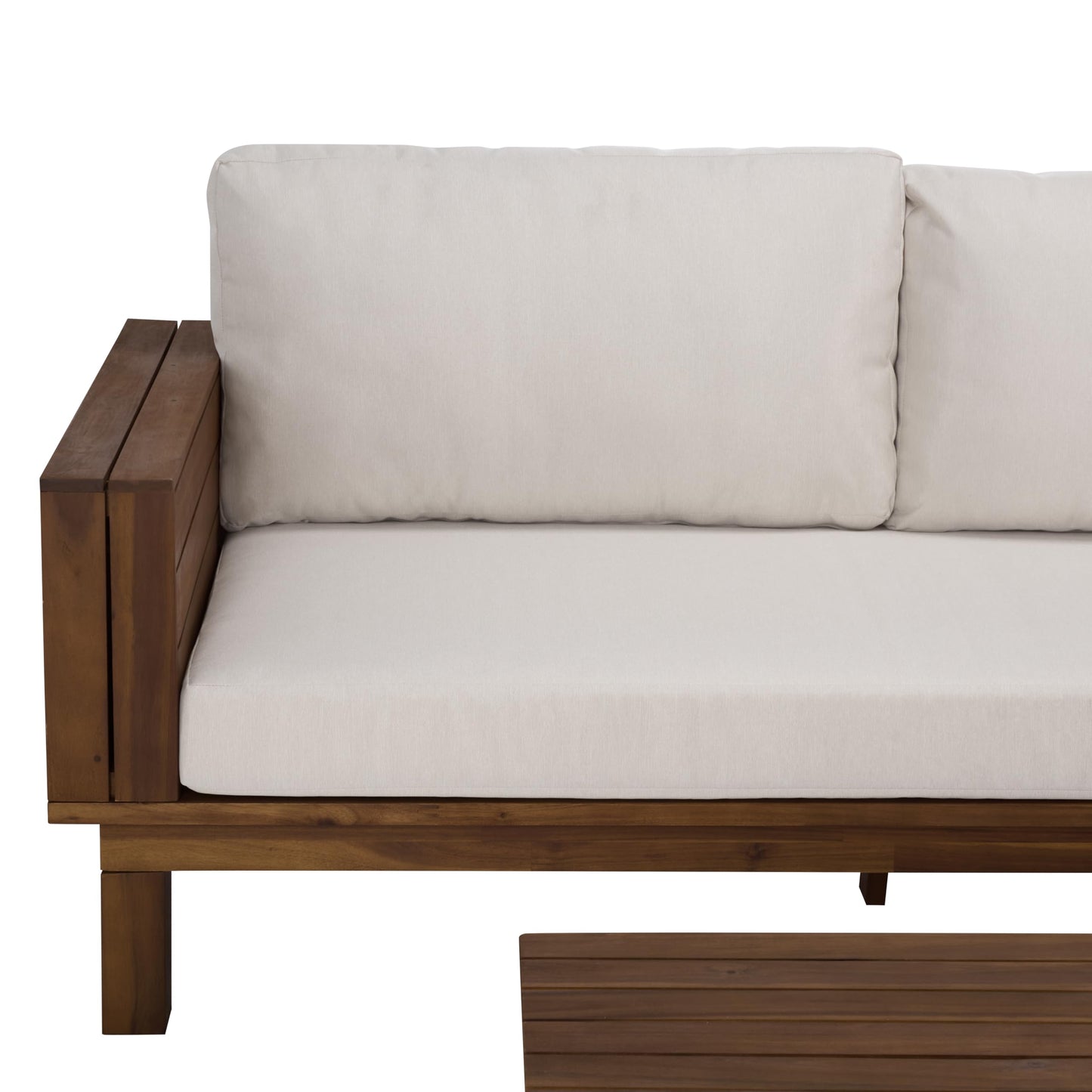 SAFAVIEH Outdoor Patio Furniture Collection - Napoli Teak Brown & Cream Solid Wood 4-Piece Sectional Sofa Set with Coffee Table, Durable Cushions, Modern Outdoor Seating (PAT6806A)