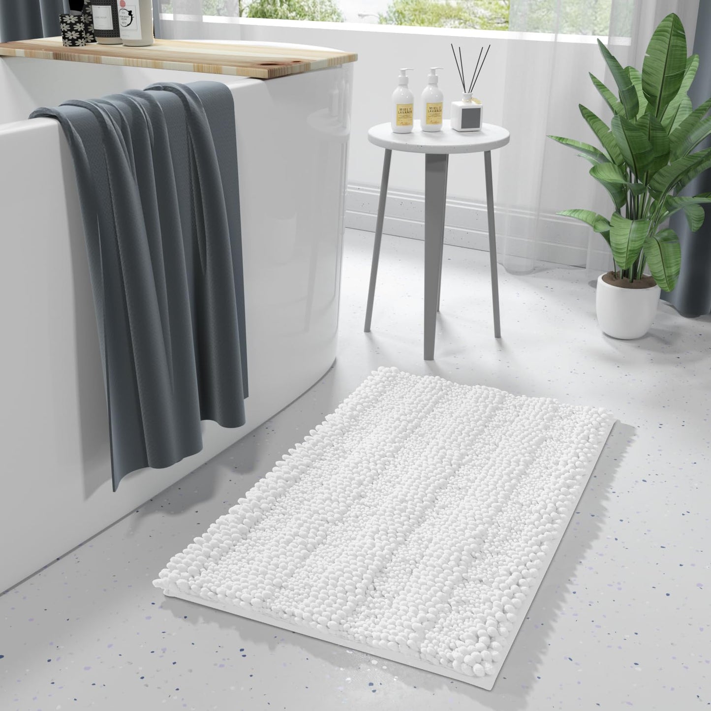 Yimobra Bathroom Rug Mat 24 x 17, Non Slip and Super Absorbent Bath Mat,Machine Washable Quick Dry,Ultra Plush Chenille Shower Rugs for Bathroom Floor Sink Tub and Shower Outside,White