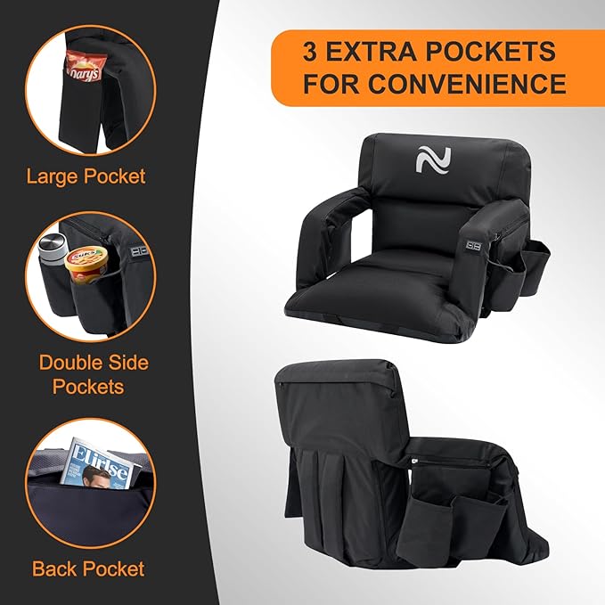 NAIZEA Wide Heated Stadium Seat for Bleachers w/Back Support & Cushion, Portable Bleacher Seats Foldable Stadium Chair with Armrests for Sports Events, Outdoor, Camping, Hiking-No Power Bank