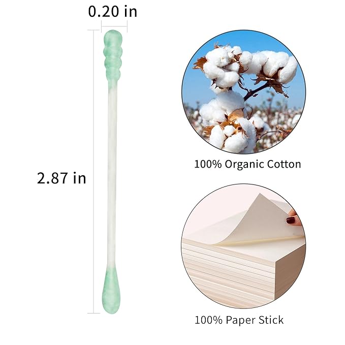 Green Cotton Swabs Spiral - 600 Count Organic Cotton Buds Double Side Tightly Wrapped Cotton Tips Paper Stick Soft Gentle Lint-Free Cruelty-Free, Round & Spiral (Green)