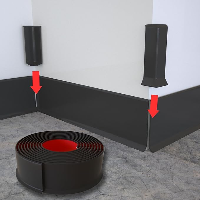 GAMZAU Baseboard Corner Blocks 4inch Height, Self Adhesive 3 Inside + 3 Outside Corners-Connector Between The Cove Base Wall Base Rubber Moulding Trim, Perfect Match for Our S100 Baseboard(Black)