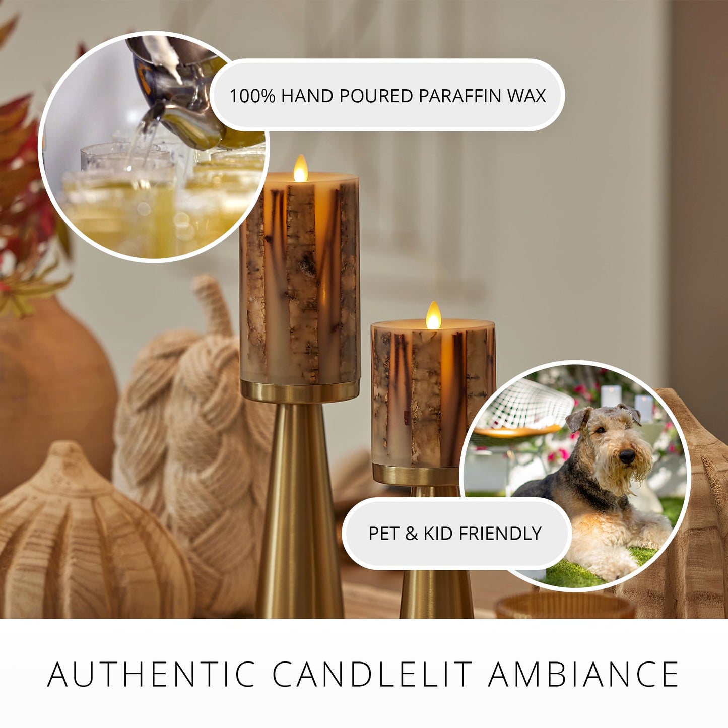 Luminara Embedded Birch Twigs Flameless LED Candle, 3.5" x 6.5", Moving Flame Real Wax Unscented, Battery Operated, Decorative Home Lighting Safe