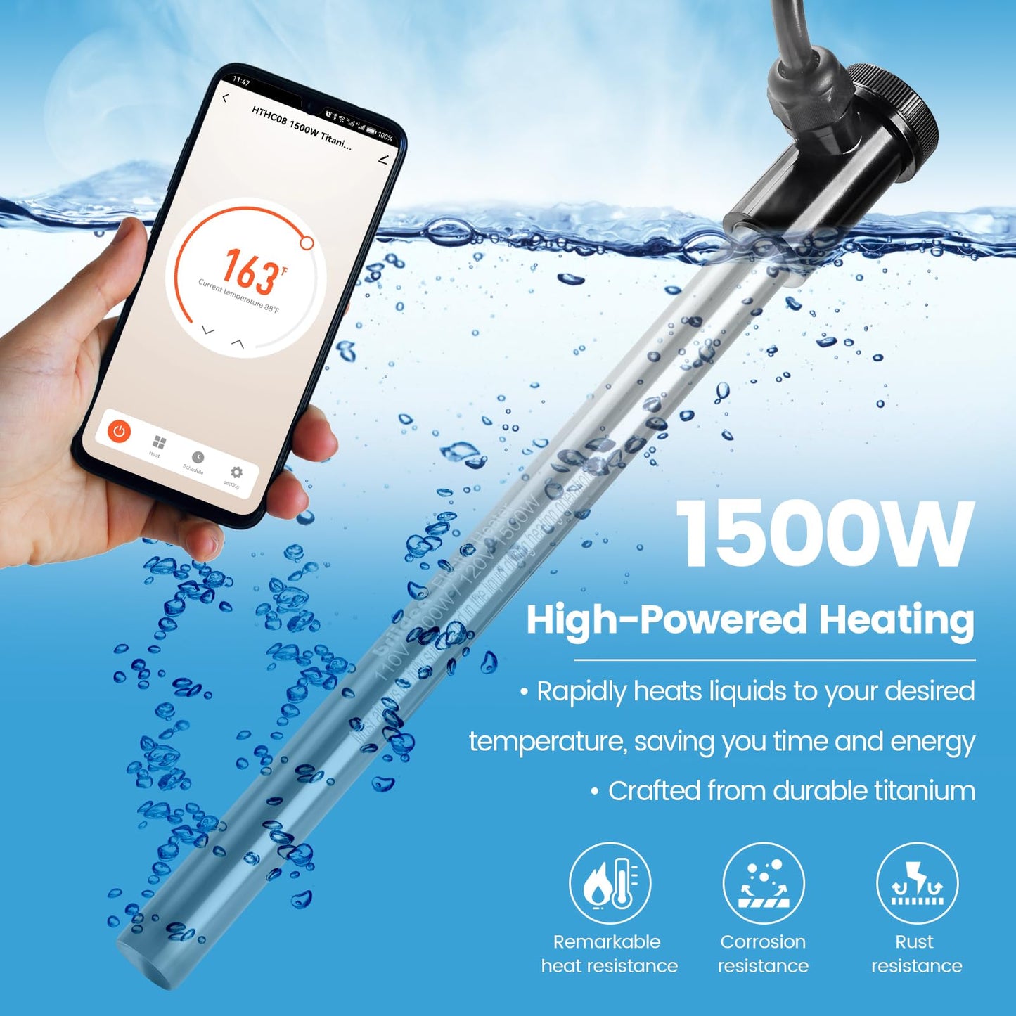 Briidea 120V 1500W WiFi Portable Electric Immersion Water Heater, Compatible with Smart Life APP, Compatible with Alexa, Google Assistant, Anti-Corrosion Sensor, Rapid Heating in Minutes
