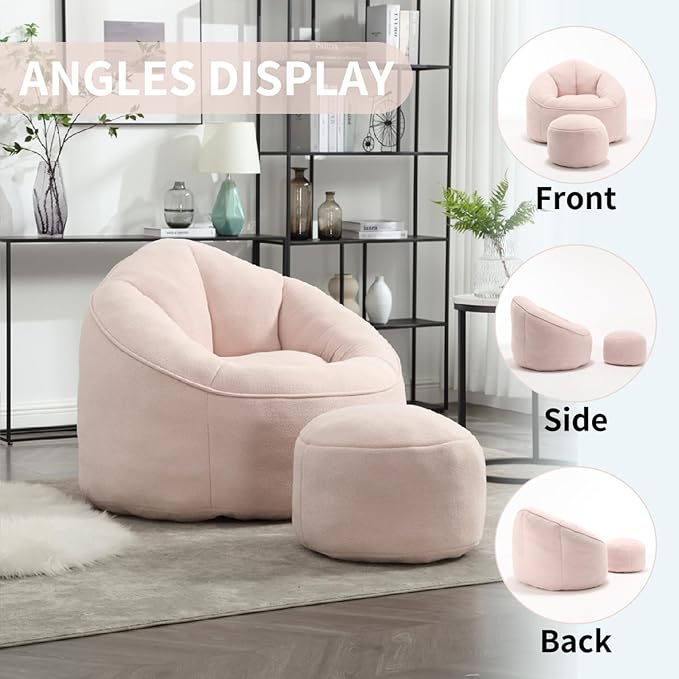 Bean Bag Chairs, Gaint Bean Bag Couch with Memory Foam for Adults and Kids, Microfiber Upholstered Sofa with Ottoman, Comfy Lazy Bean Bag Reading Chair for Living Room