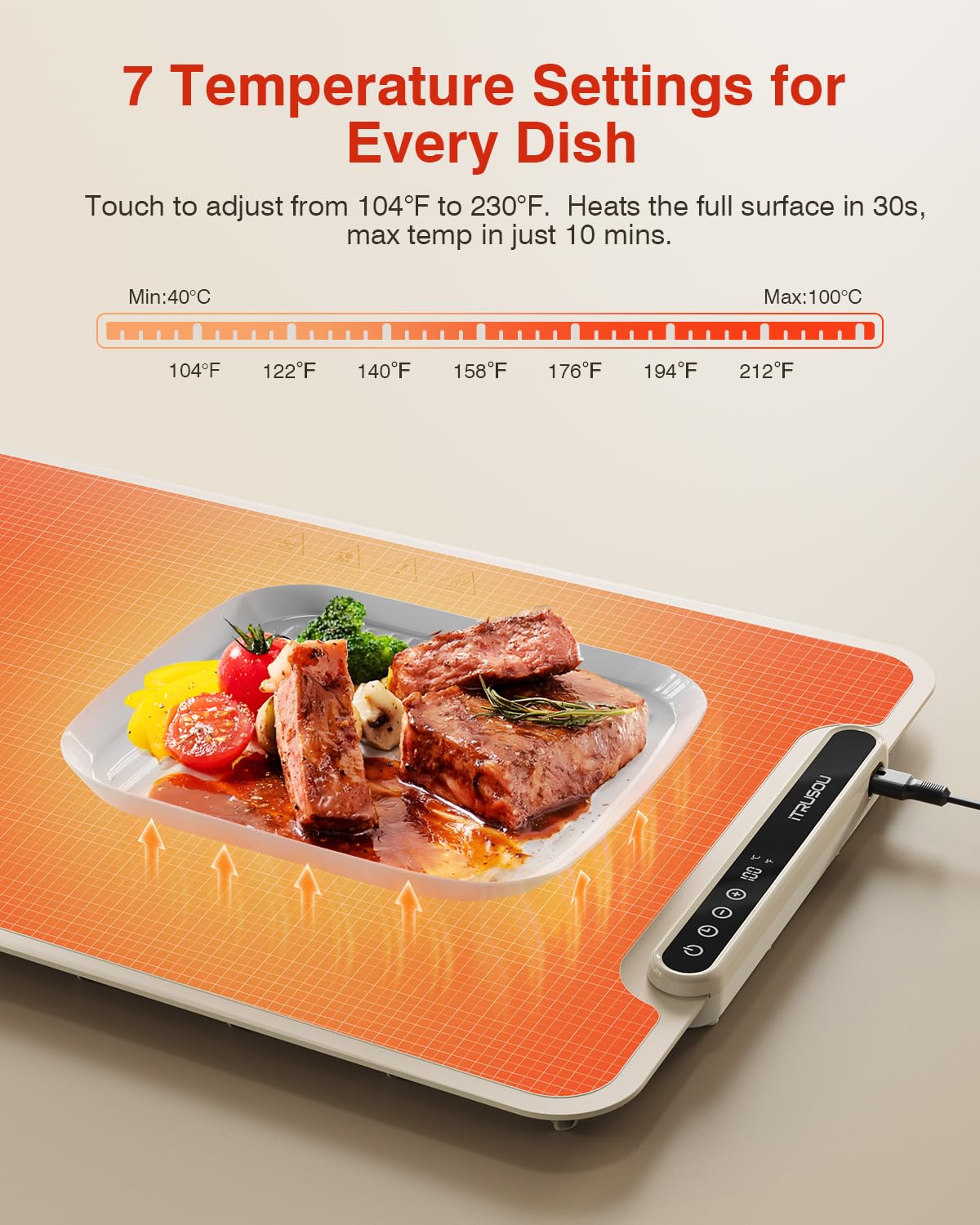 Warming Mat for Food, iTRUSOU Electric Warming Tray 99H Continuous Heat,7 Temp Settings,Patented Full-Surface Heating,°F/°C Switch,Flexible Roll-Up Food Warmers for Parties Buffet,Everyday Use