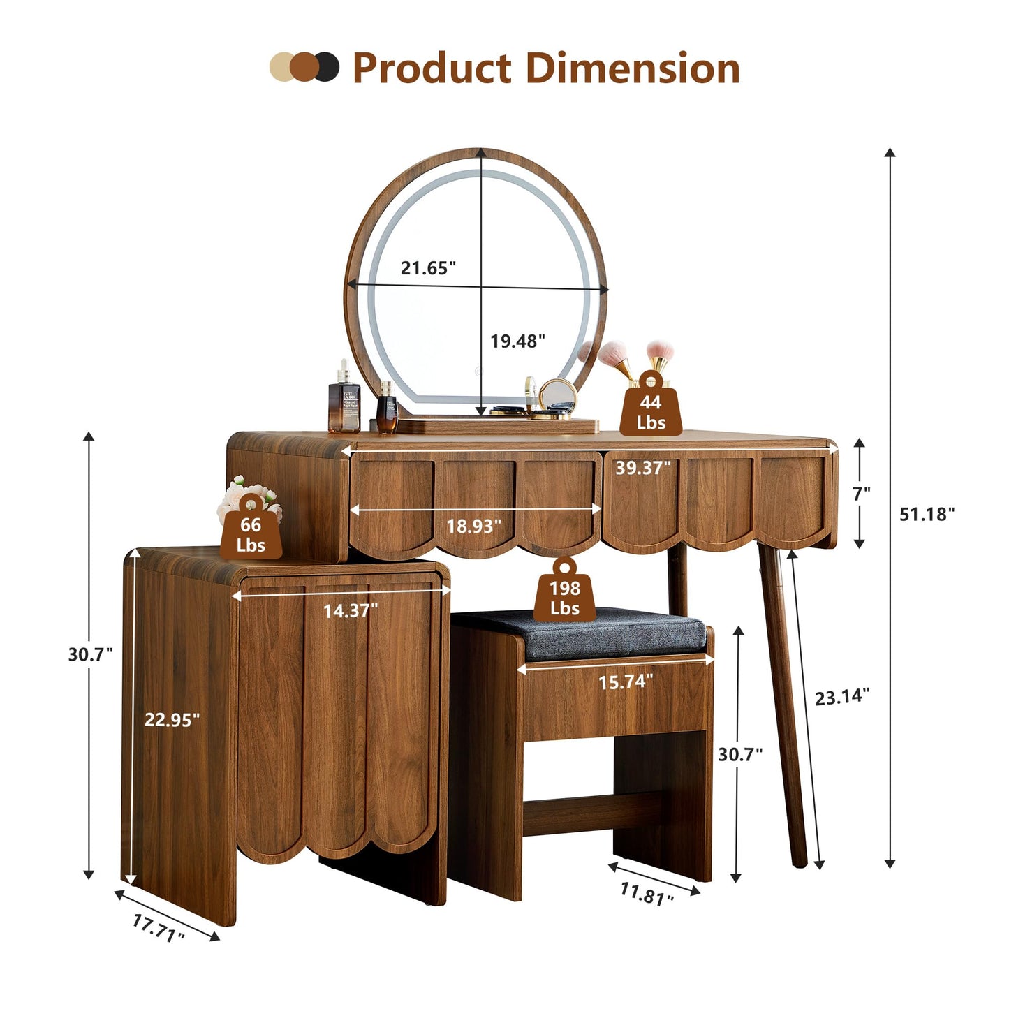 ORRD Vanity Desk with Mirror and Lights, Modern Wood Wave Panel Vanity Desk Set Makeup Table with Drawers and Cabinet, Dressing Table with Storage for Bedroom, Walnut
