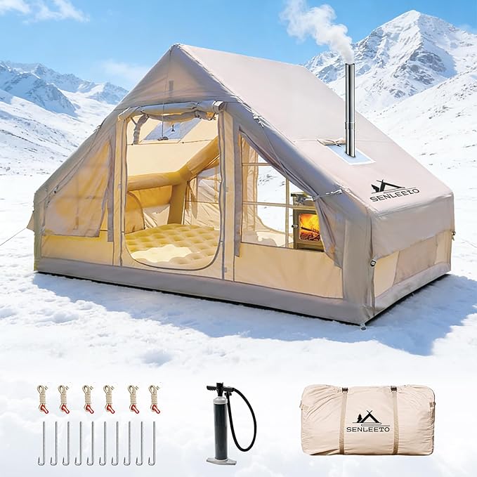 Inflatable Camping Tent - 67.8 SqFt Large Inflatable Tents 4-6 People, Glamping Inflatable Hot Tent with Stove Jack,Blow U...