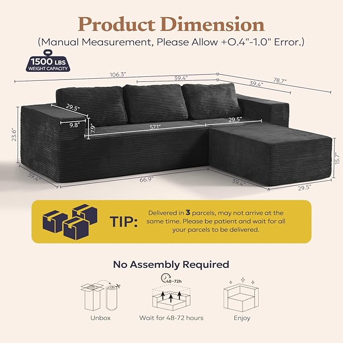 Furnify 106" Modular Sectional Sofa with L-Shape Chaise, Right/Left Facing Deep Seat Cloud Couch, No Assembly Required, Upholstered Couch for Living Room Bedroom (Plush Corduroy Fabric, Black)