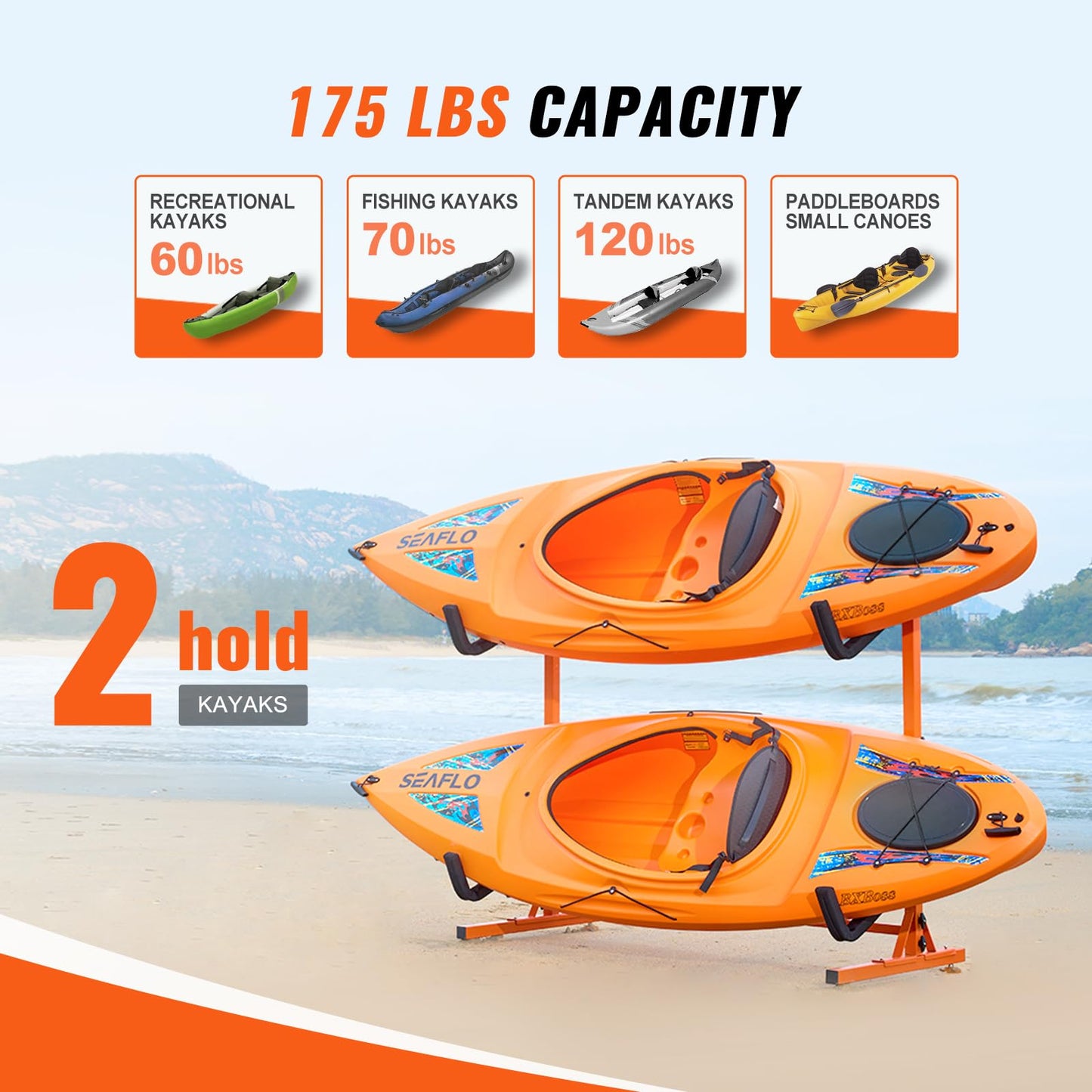 VEVOR Freestanding Kayak Storage Rack, Kayak Stand for 2 Kayak Canoe Paddleboard, Heavy-duty Steel Kayak Hanger Holder with Padded Arms and Adjustable Width, 175LBS Max Load, for Indoor Outdoor Garage