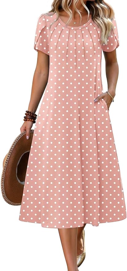 ZEAGOO Womens Casual Summer Dress 2026 Petal Short Sleeve Dresses with Pleats Midi A Line Flowy Dress Boho Sundress