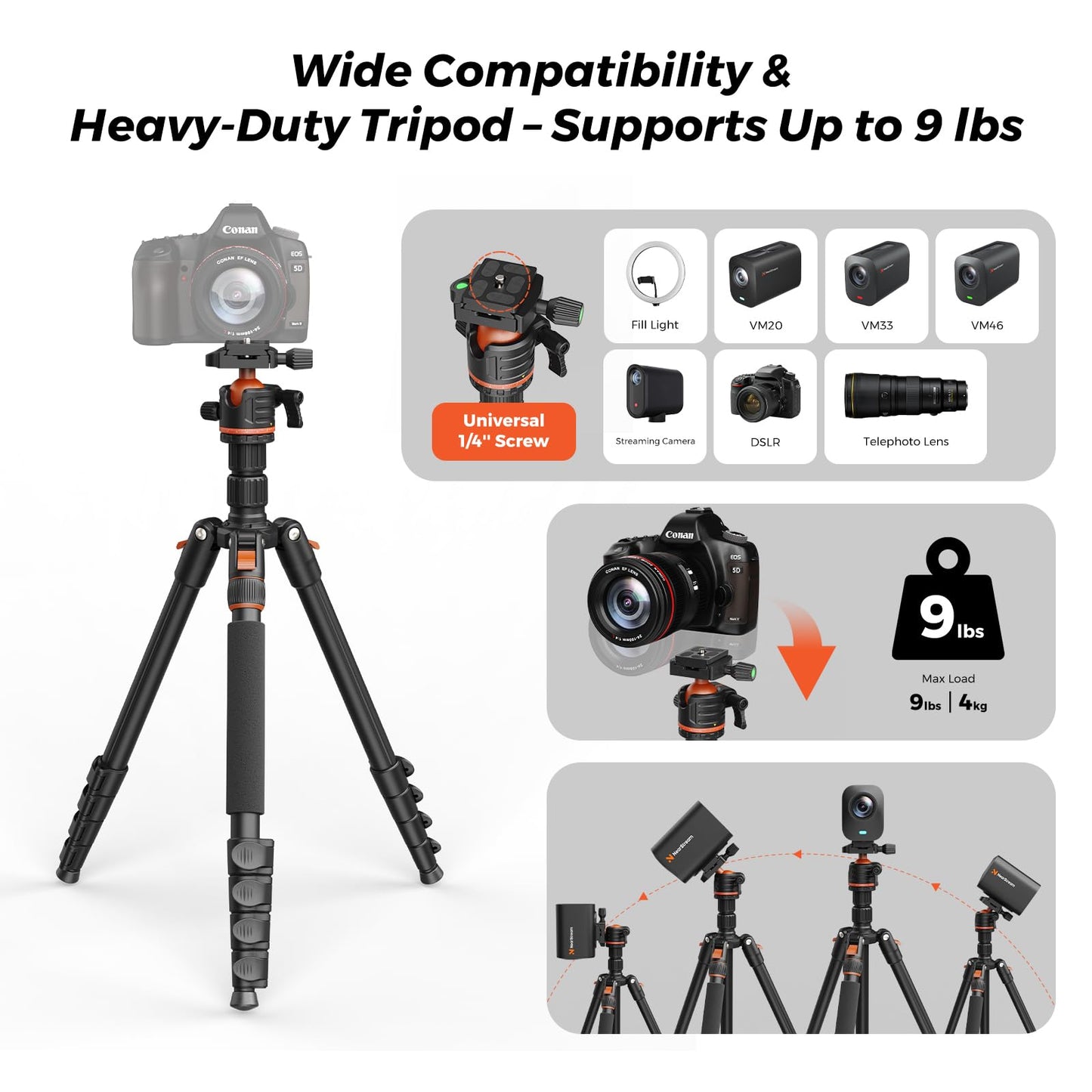 NearStream 72" Camera Tripod with 360° Ball Head, Heavy Duty Aluminum Adjustable 21–72 Inch Tripod/Monopod, 9 lb Load Professional Tripod for DSLR, Camera, Photography, Video Recording& Live Streaming