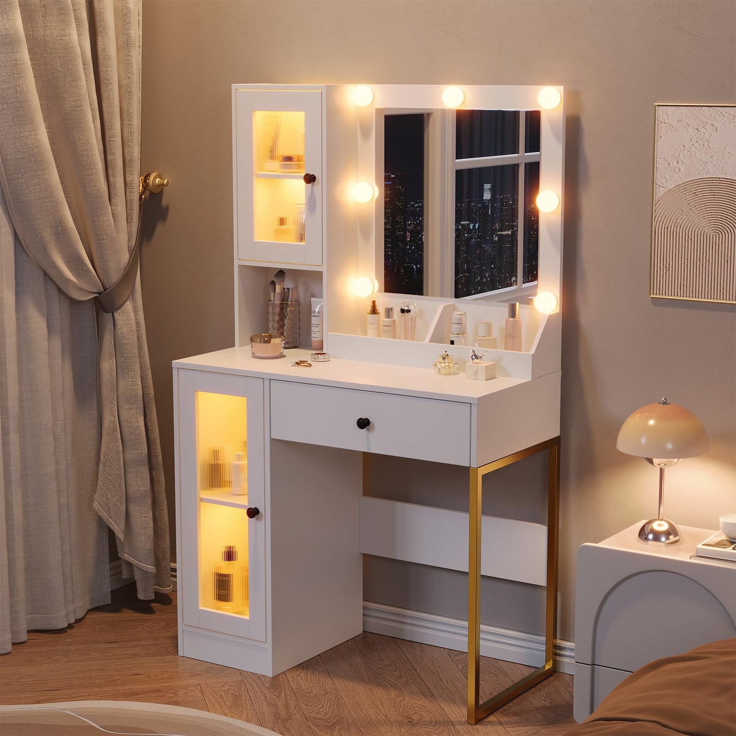 Garvee Vanity Desk with Mirror and Lights Elegant Makeup Vanity Table with Drawers & Cabinets, Storage, Sturdy MDF Top, Adjustable Brightness Bulbs, Built-in Power Outlet & USB Ports for Bedroom