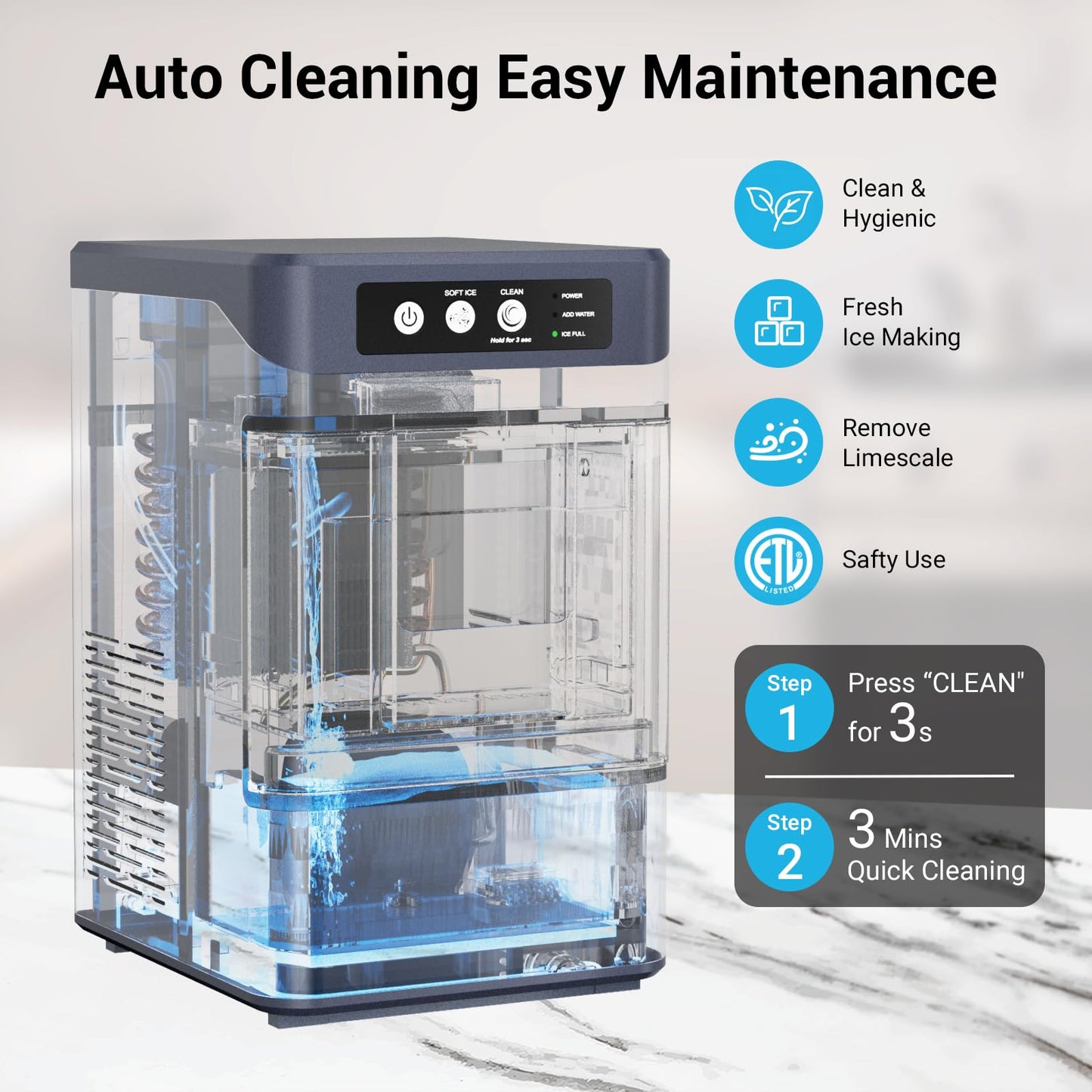 Nugget Ice Maker Countertop with Side Water Tank, 40lbs/Day Self-Cleaning Pebble Ice Maker Machine, Soft Chewable Pellet Ice Ready in 5-8min for Home/Party/RV/Camping