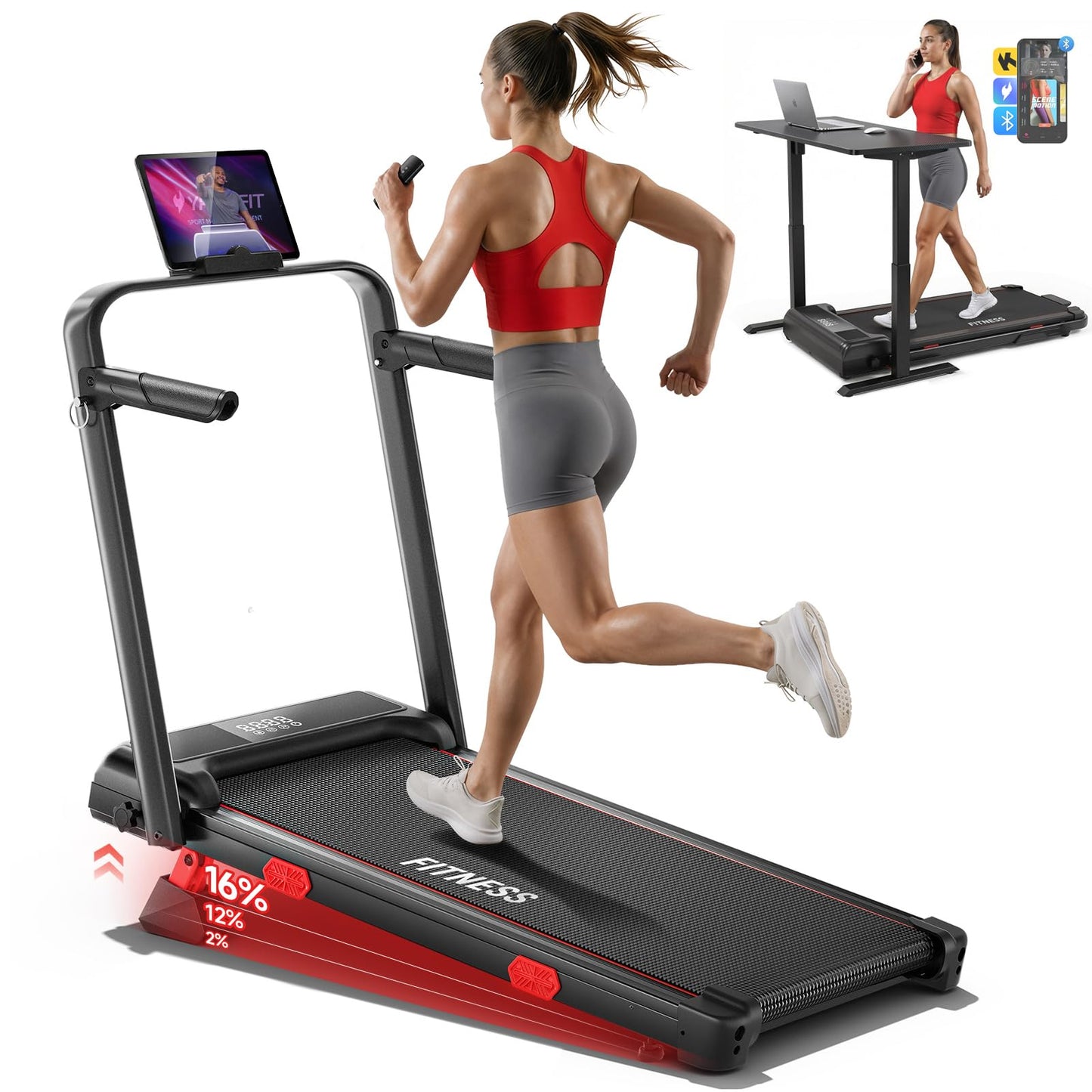 RHYTHM FUN 16% Incline Walking Pad Treadmill, 6.2MPH Foldable Walking Pad with Handle Bar, Under Desk Treadmills for Home Office, 300 LBS Capacity